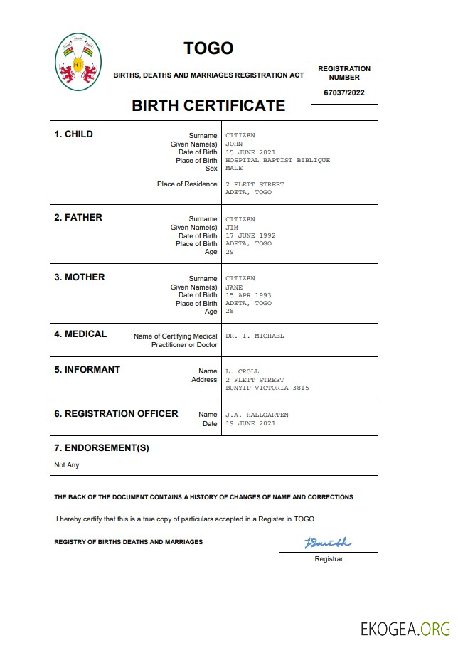 Acte d'état civil du Togo Modèle Word et PDF